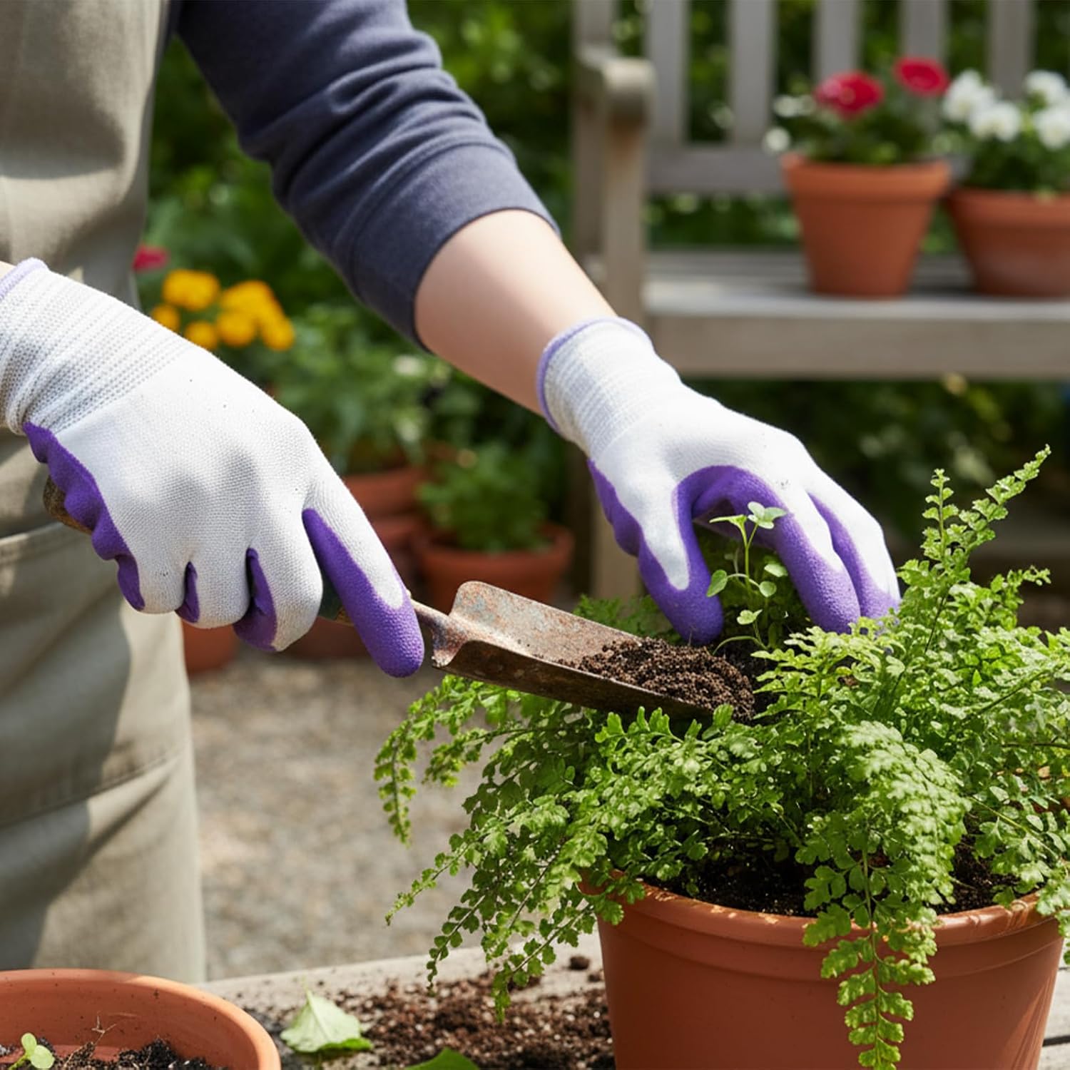 Thinp 2 Pairs Gardening Gloves. Outdoor Work Garden Gloves Breathable Rubber Coated Outdoor Protective Yard Glove with Grip for Women Men Garden Essentials (Green. Purple)