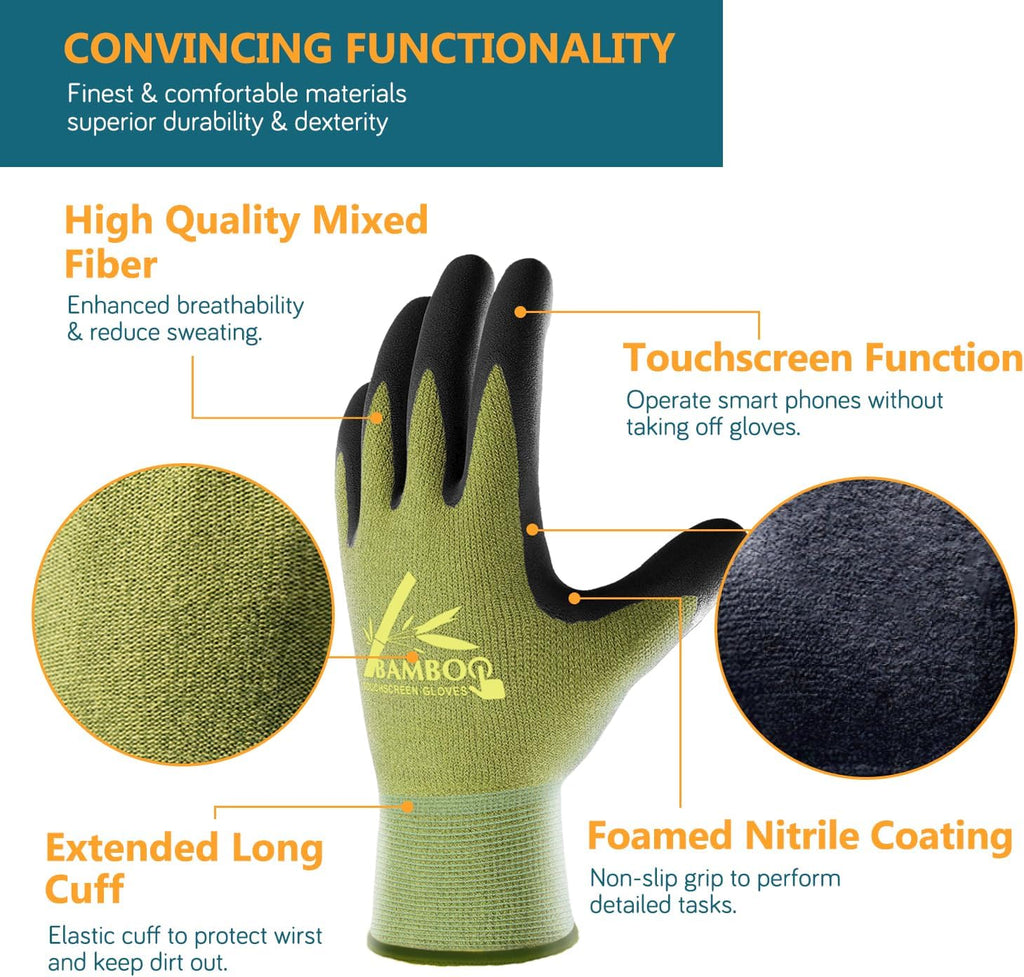 COOLJOB 2 Pairs Gardening Working Gloves for Men and Women. Touchscreen. Grippy Nitrile Rubber Coated for Garden Yard. Green/Black.Medium Size (M)
