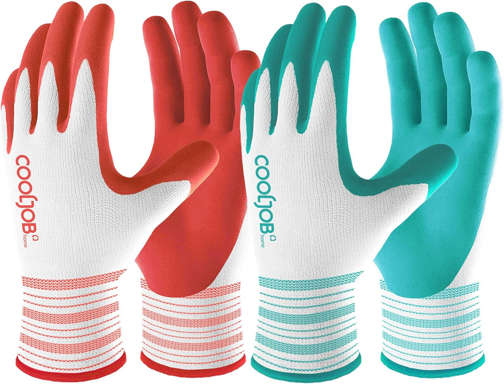 COOLJOB 2 Pairs Gardening Gloves for Women Ladies. Breathable Rubber Coated for Yard Garden. Outdoor Indoor Protective Work with Grip. Medium Size. Red & Green